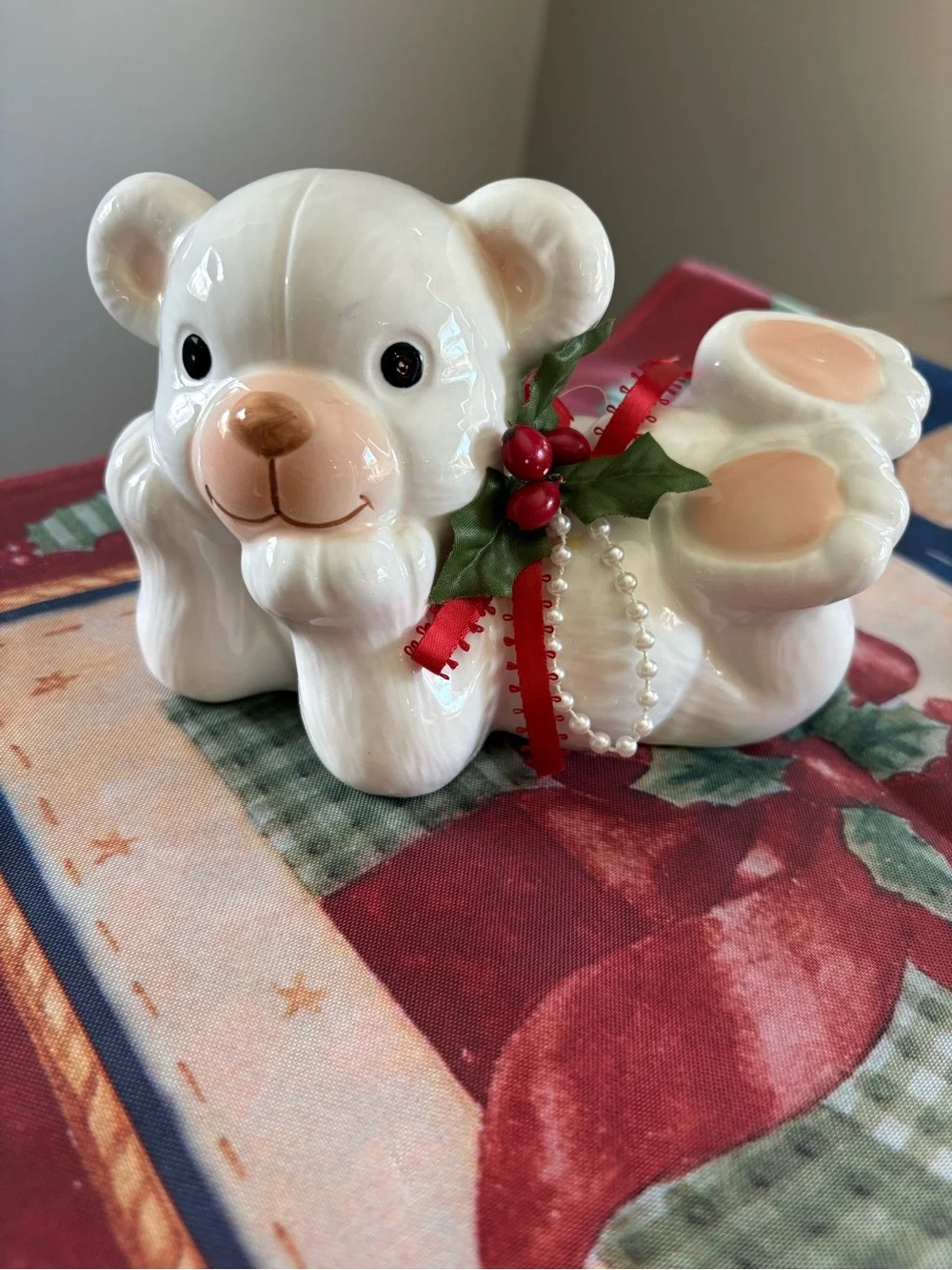 Vintage Christmas White Ceramic Teddy Bear Figurine Retro Decor Holiday Mantle